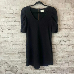 Anthropologie Deletta Puff Sleeve Dress XS Black V Neck Pockets Cotton Stretch